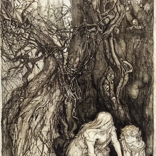 Image similar to once upon a midnight dreary, while i pondered, weak and weary, over many a quaint and curious volume of forgotten lore, by arthur rackham, highly detailed, 8 k,