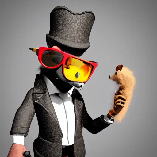 Prompt: anthropomorphic gangster rat with a large cigar in its mouth, wearing a fur coat, wearing sunglasses and a cap, long fur, anthropomorphic rat, detailed, 3 d render, 4 k, pixar