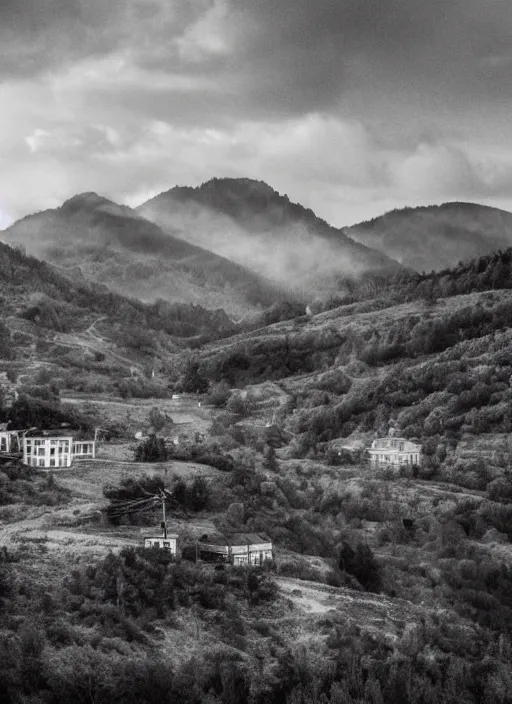 Prompt: old lost footage in black and white of a sanatorium on a beautiful mountain,hyper realistic 8K HD real life photo