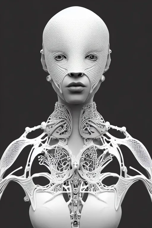 Image similar to bw 3 d render, stunning beautiful young biomechanical albino female cyborg with a porcelain profile face, angelic, rim light, big leaves and stems, roots, fine foliage lace, alexander mcqueen, art nouveau fashion embroidered, steampunk, silver filigree details, hexagonal mesh wire, mandelbrot fractal, elegant, artstation trending