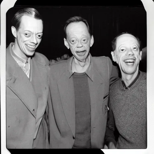 Image similar to polaroid group picture of steve buscemi, don knotts and pete davidson having a great time together