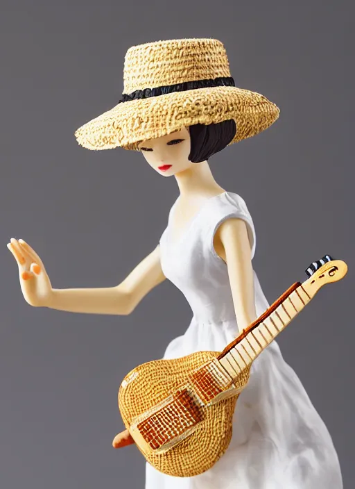 Image similar to Fine Image on the store website, eBay, Full body, 80mm resin figure of a cute girl in straw hat and white dress playing guitar, environmental light from the front