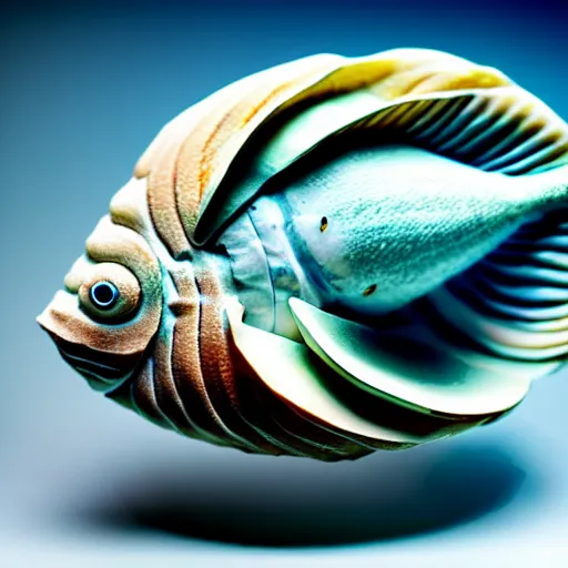 Image similar to a seashell sculpture of a fish, photorealistic, macro lens, 4K