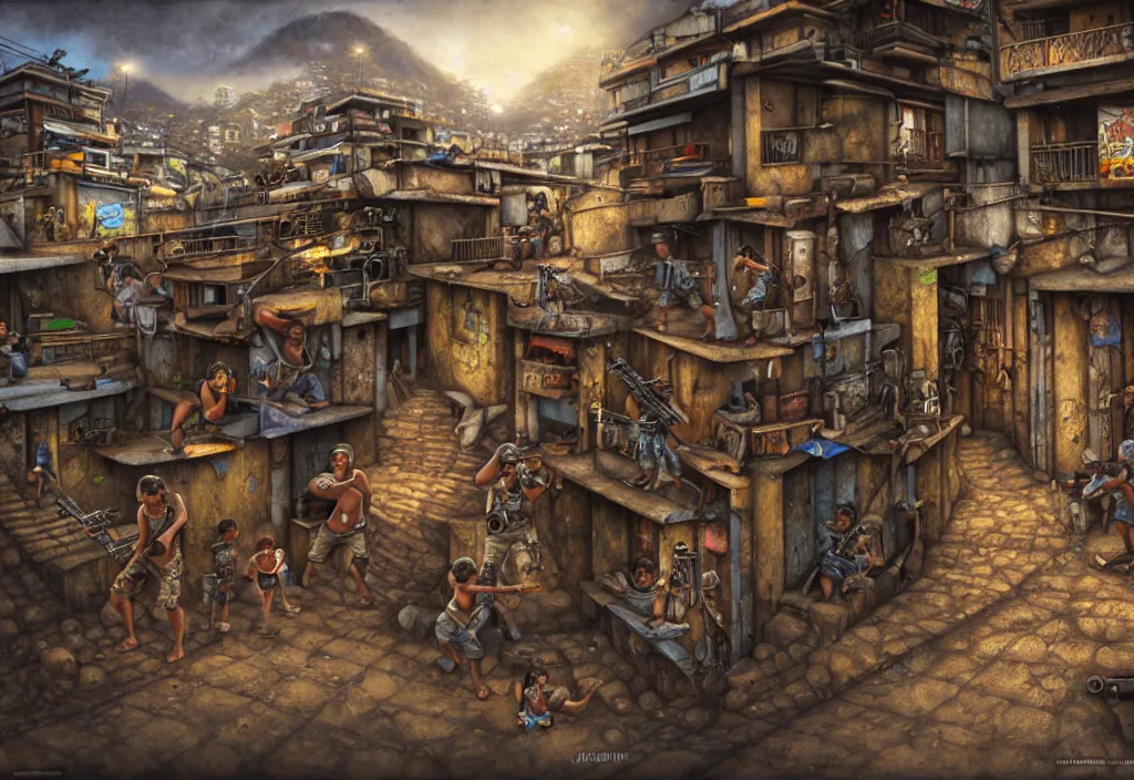 Prompt: photorealistic favela rio with precise rendered guns with intricate details of gun and kids in by Justin Gerard