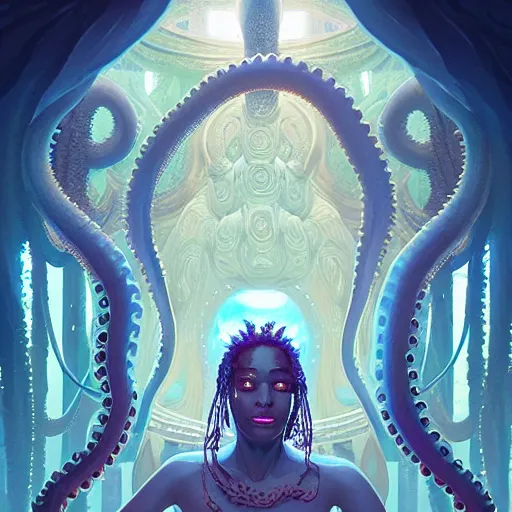 Prompt: symmetry! a detailed dynamic portrait of the goddess yemoja using symbiotic octopus technology, unreal engine, fantasy art by greg rutkowski, loish, rhads, ferdinand knab, makoto shinkai and lois van baarle, ilya kuvshinov, rossdraws, tom bagshaw, caustics!!, detailed and intricate environment