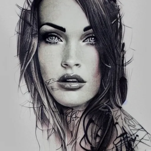 Image similar to hyper realism tattoo sketch of megan fox face professional double exposure art with beautiful mountain scenery, in the style of matteo pasqualin, amazing detail, sharp, faded