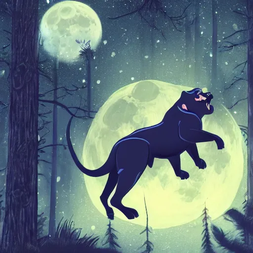 Image similar to a panther roaring at the moon in a forest during the night, large moon in the center. high quality. artistic. illustration. 4 k. cinematic. photoreal. highly detailed. dramatic. dark colors. night.