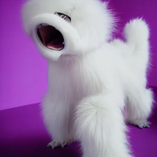 Image similar to A photo of a white fur monster standing in a purple room