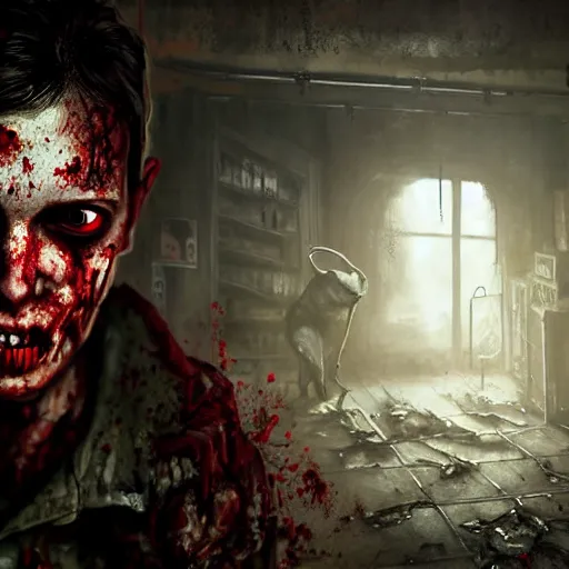 Image similar to fallout 5, shopkeeper angry bloody horror zombie, portrait, indoors dilapidated store interior, atmospheric lighting, painted, intricate, volumetric lighting, beautiful, daytime, overcast weather, sharp focus, deep colours, ultra detailed, by leesha hannigan, ross tran, thierry doizon, kai carpenter, ignacio fernandez rios