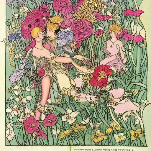 Image similar to a floral fantasy illustration by walter crane