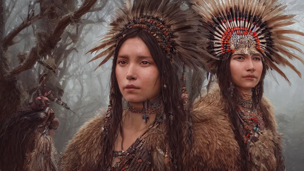 Image similar to highly detailed portrait of a n indigenous woman, feathered headdress, traditional clothing, unreal engine, fantasy art by greg rutkowski, ferdinand knab, makoto shinkai and lois van baarle, ilya kuvshinov, rossdraws, tom bagshaw, global illumination, radiant light, detailed and intricate environment