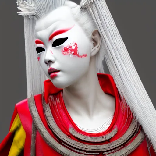 Prompt: dream beautiful albino maiko samurai armor, photograph, award wining, red and white, trending on artstation, punk attitude, 4 k, unreal engine 5, octane render, neon highlights, detailed, photo by steve meiele, annie lebovetz, david lachapelle