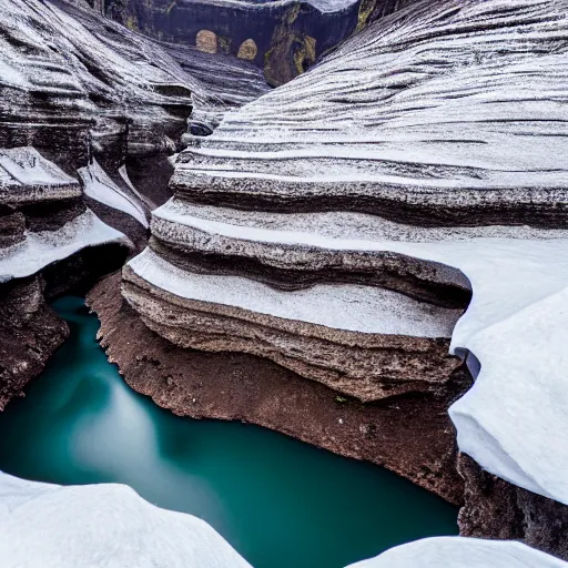 Prompt: a canyon in iceland with a frozen river at the bottom.