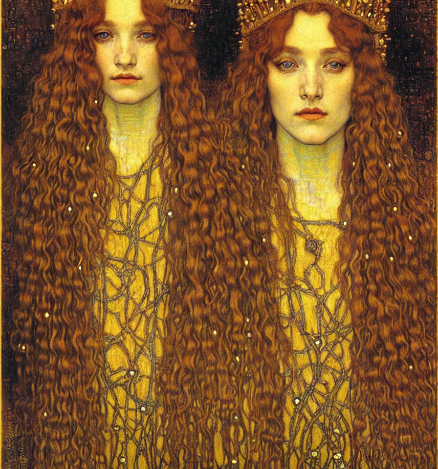 Image similar to detailed realistic beautiful young medieval queen face portrait by jean delville, gustav klimt and vincent van gogh, art nouveau, symbolist, visionary, gothic, pre - raphaelite, muted earthy colors, desaturated