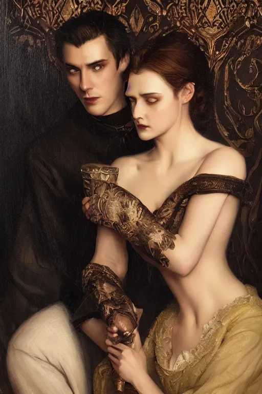 Prompt: a portrait of handsome young evil male Satan and his elegant beautiful wife, bored, illustration, dramatic lighting, soft details, painting oil on canvas, art nouveau, octane render, HDR, 4k, 8k, HD, by Edmund Blair Leighton, Brom, Charlie Bowater, trending on artstation,