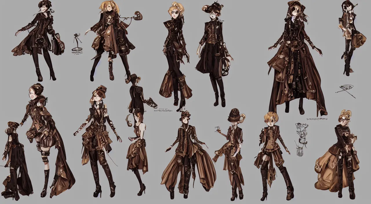 Image similar to steampunk dresses, costume, fashion, movie, anime, game, character concept, characters reference sheet, high quality, ultra detailed, full body, trending on ArtStation, digital art, concept art