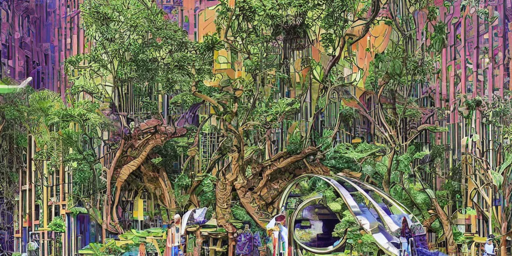 Image similar to masterpiece, graphic illustration of afro futurist florence courtyard designed by by frank lloyd wright architect, plants and trees on walkways low buildings, green energy, bicycles,, bill sienkiewicz, plants trail from balconys, abstract mirrored sculptures, insanely detailed and intricate