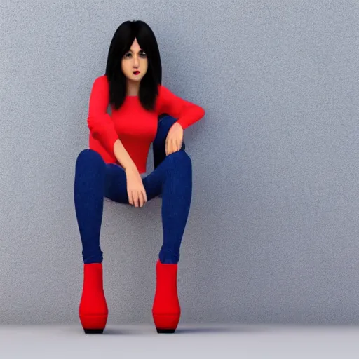 Image similar to 3 d octane render character design of a latina cute girl using tight white and red raglan sleeves with tight blue jeans and cool shoes, having silky long black hair with bangs