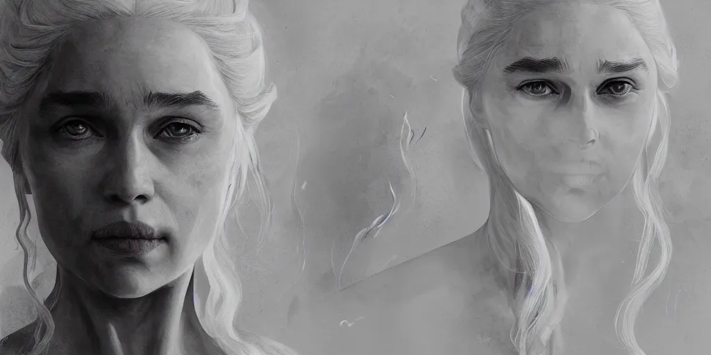 Image similar to daenerys targaryen, face study, character sheet, concept design, contrast, kim jung gi, greg rutkowski, zabrocki, karlkka, jayison devadas, trending on artstation, 8 k, ultra wide angle, pincushion lens effect