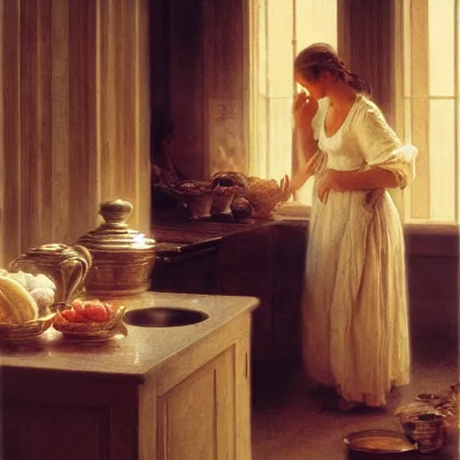 Image similar to guy feirri in a kitchen, painting by Pierre Auguste Cot, dramatic lighting