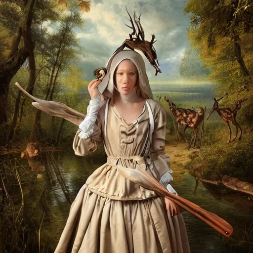 Prompt: A masterpiece ultrarealistic ultradetailed portrait of a Incredibly beautiful maid baroque renaissance swamp nun girl hunting on deer with russian greyhound medium shot, intricate, elegant, highly detailed. trending on artstation, digital art, by Stanley Artgerm Lau, WLOP, Rossdraws, James Jean, Andrei Riabovitchev, Marc Simonetti, Yoshitaka Amano. background by James Jean and Gustav Klimt, light by Julie Bell, 4k, porcelain skin.