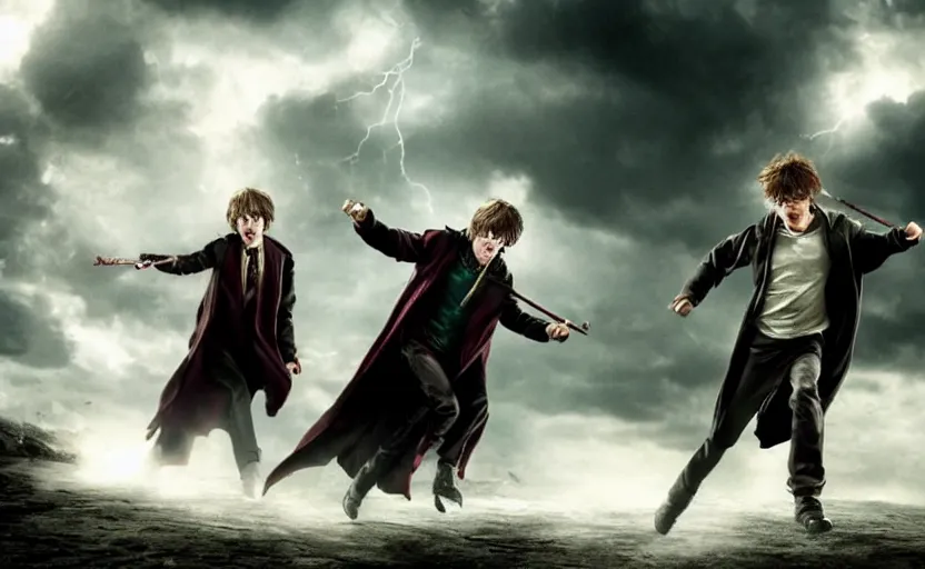 Image similar to magic battle between Harry Potter and Voldermort, spell, wind, stormy, cinematic