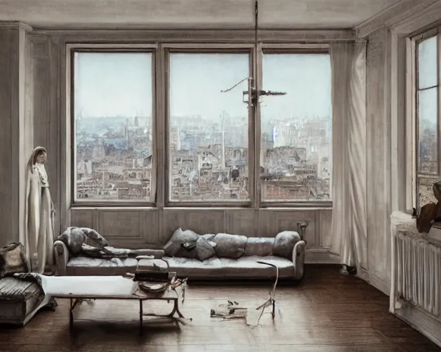 Prompt: a beautiful minimalist apartment with and antique furniture with a view of the city, interior design, architecture, key lighting, soft lights, by steve hanks, by edgar maxence, by caravaggio, by michael whelan, by delacroix, by serov valentin, by tarkovsky, 8 k render, detailed, oil on canvas