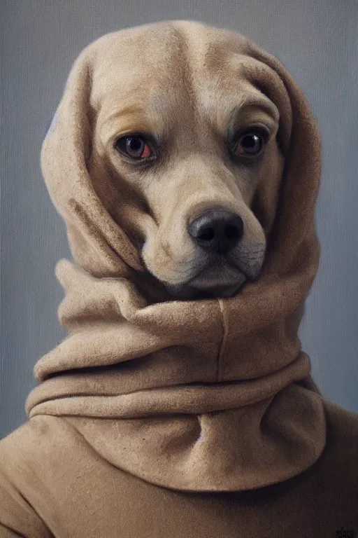 Prompt: Slavic dog head man, woolen torso in medieval clothes, oil painting, hyperrealism, beautiful, high resolution, trending on artstation,