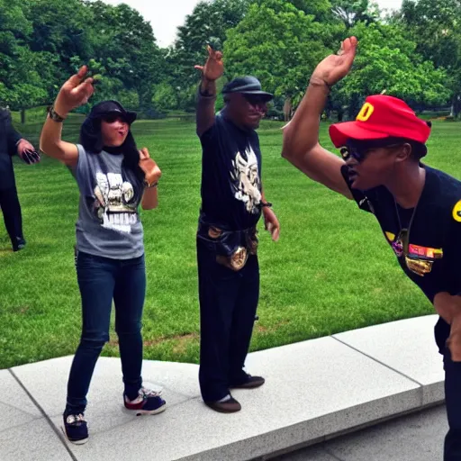 Prompt: mario!!!! doing the dab dance move at vietnam memorial