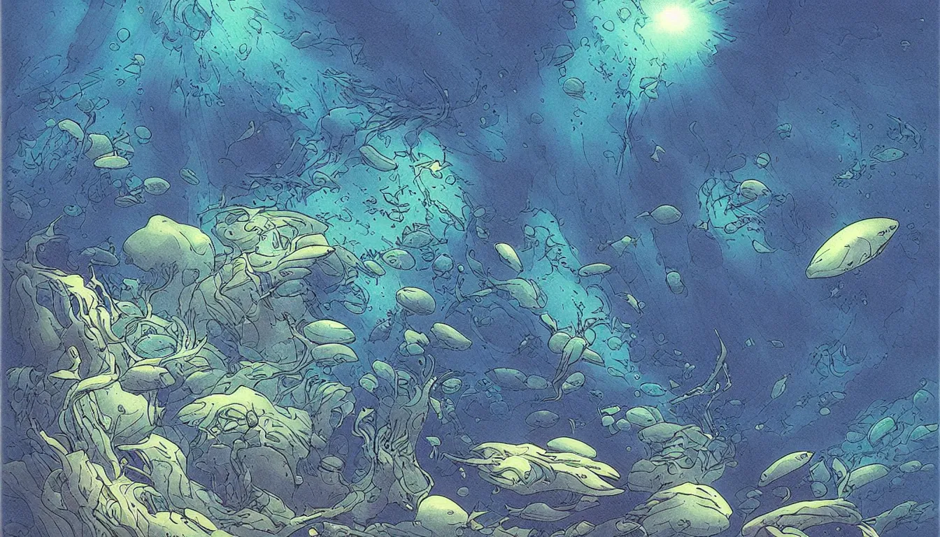 Image similar to underwater, filtered light, moebius