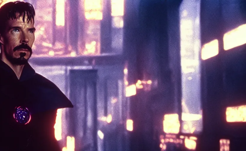 Prompt: a still of cyborg Doctor Strange in Blade Runner (1987), cinestill 800t,