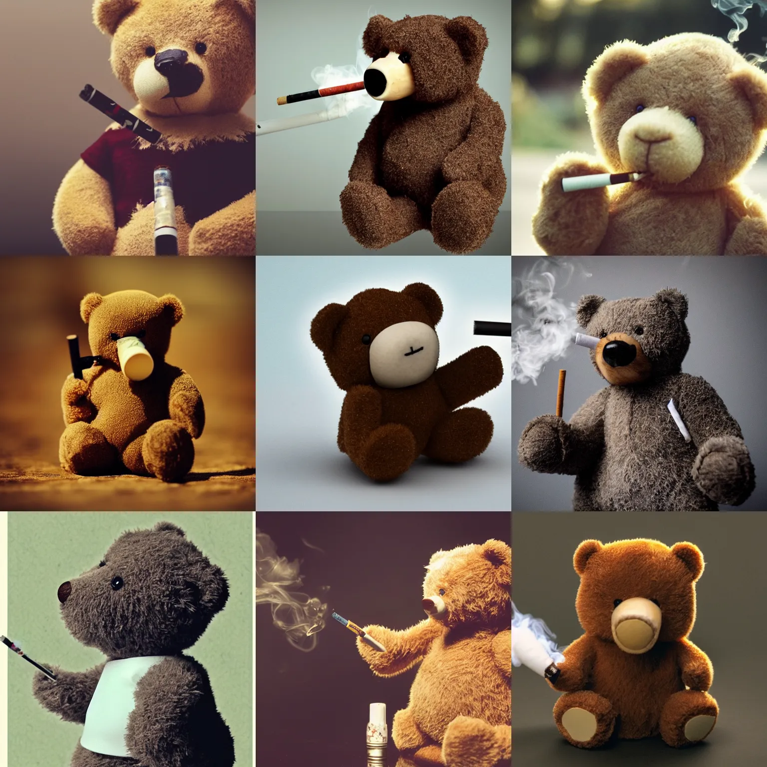 Prompt: a teddy bear smoking a cigarette, smoke cinematic