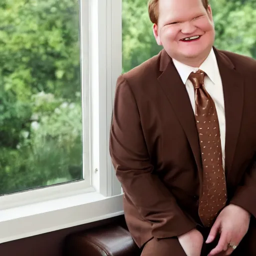 Image similar to Andy Richter is wearing a chocolate brown suit and necktie and is in a bedroom with a window letting in bright morning sunlight. Andy is sitting upright in a bed and is stretching his arm. His mouth his wide open as he yawns.