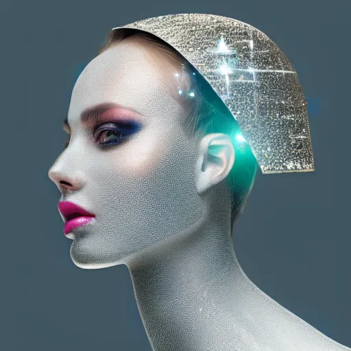 Prompt: portrait of a beautiful futuristic woman layered with high-tech jewelry wrapping around her face and head, 2063