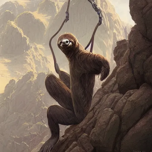 Prompt: detailed science - fiction character portrait of a sloth rock climbing, wild, highly detailed, digital painting, artstation, concept art, smooth, sharp focus, illustration, art by artgerm and greg rutkowski and alphonse mucha