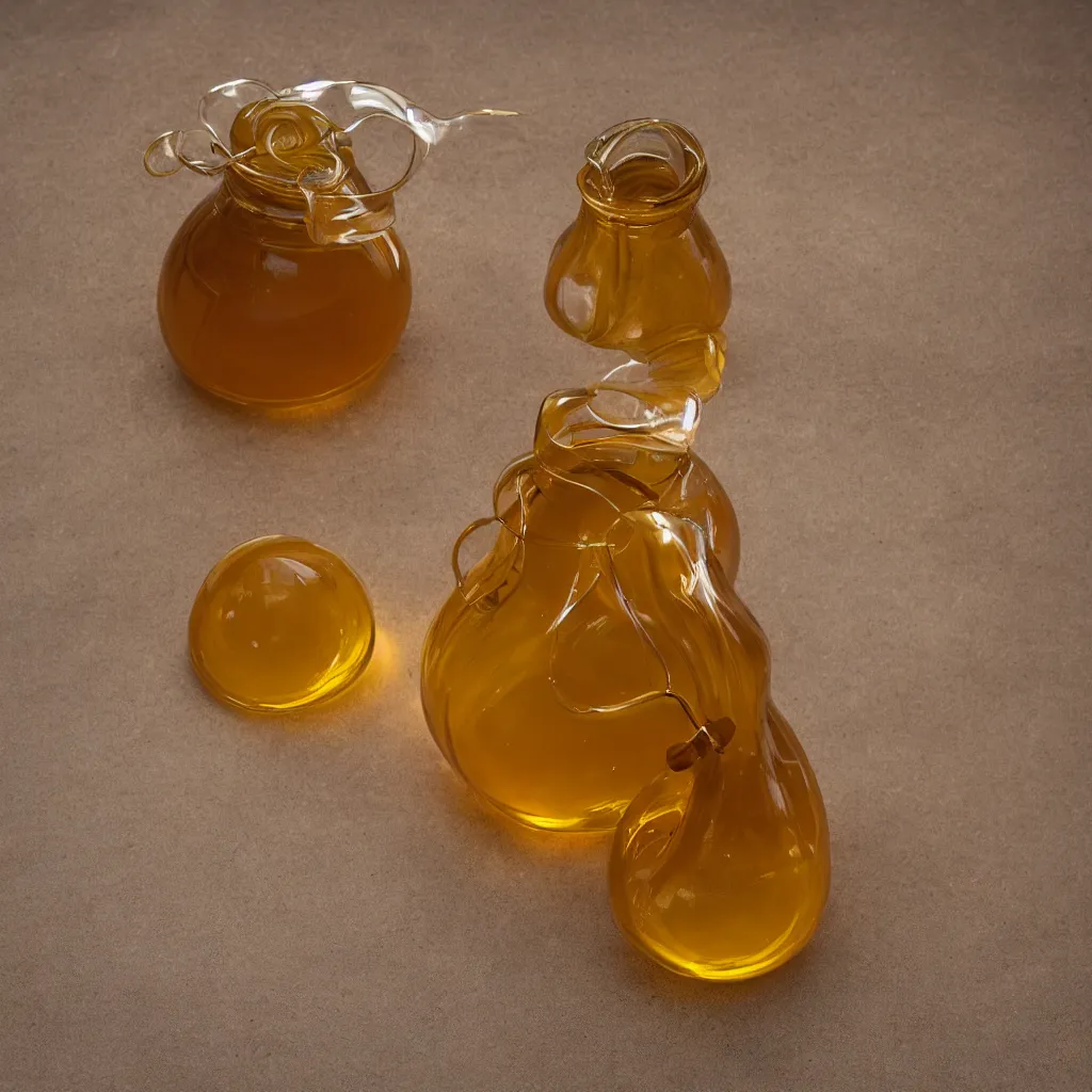 Image similar to klein bottle honey jar, product photography, beautiful studio photography, golden glowing honey