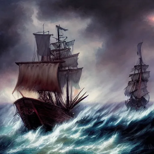 Prompt: a pirate with two peglegs and two hook hands steering a wooden galleon through a rain and lightning storm. view from on deck, sails and masts and rigging, first person deckhand pov, detailed dynamic light painting by peter mohrbacher