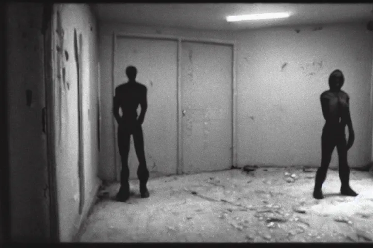 Prompt: security cam found footage of an abandoned soviet town with a male humanoid shadow monster, liminal space, backrooms, scp, film grain, rundown, eerie, dark lighting, 3 5 mm, realistic, photograph