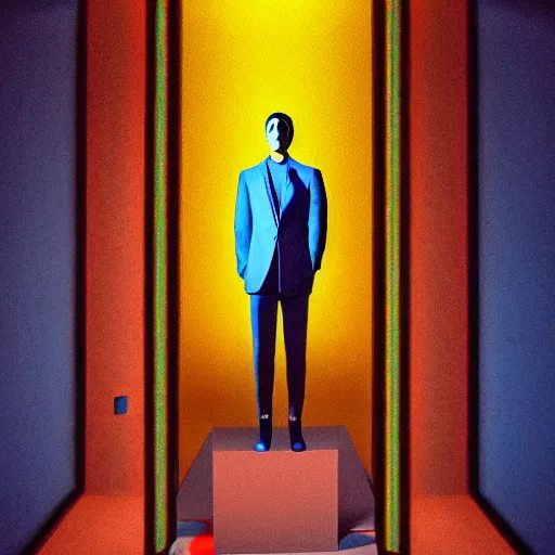 Image similar to ultra realistic portrait of cem yilmaz in a studio, ultra detailed, under blue, red and yellow cinematic lighting, salvador dali, cartoon, monument valley, escher