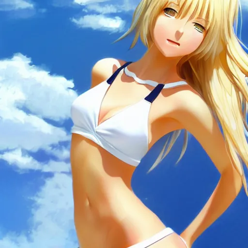 Image similar to full body shot : a very beautiful young blond tennis anime girl, sky blue eyes, smug, bikini, white miniskirt, highly detailed, cinematic wallpaper by stanley artgerm lau