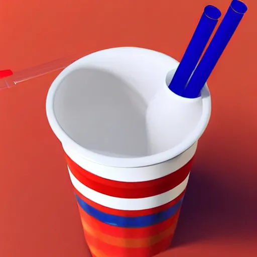 Image similar to white paper cup with red strip ring and a straw!!!, hyperrealistic, highly detailed, cinematic, volumetric sunlight, beautiful, cgssociety, artstation, 8 k, oil painting by greg rutkowski, by artgerm, by wlop