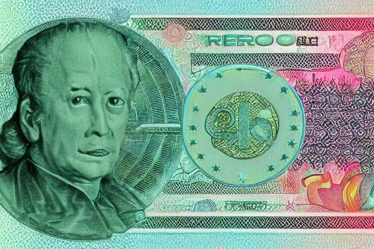 Image similar to currency design like a dollar bill and euro, greenish blue + iridescent, with the design of an alien dignitary printed on currency paper, strange alien currency symbols printed, highly detailed, realistic, octane render