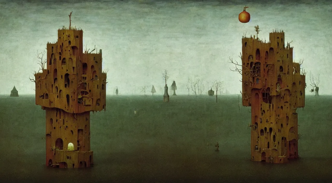 Image similar to single flooded simple!! fungus wooden tower, very coherent and colorful high contrast masterpiece by franz sedlacek hieronymus bosch dean ellis simon stalenhag rene magritte gediminas pranckevicius, dark shadows, sunny day, hard lighting