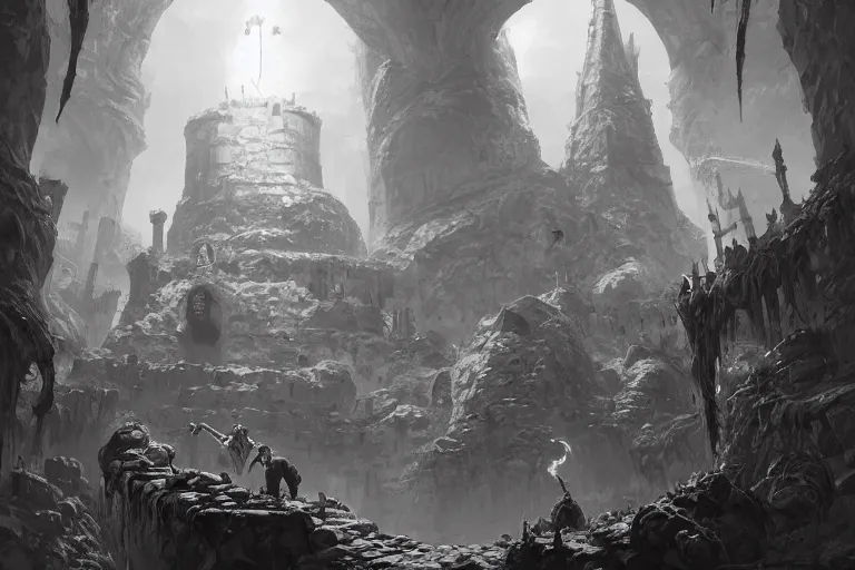 Image similar to black and white point perspective dungeon cozy fantasy dungeon the possessed golem merchant Alara is selling cheesy bardings,by artgerm and Craig Mullins, James Jean, Andrey Ryabovichev, Mark Simonetti and Peter Morbacher 16k