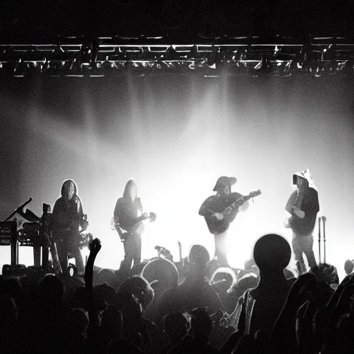 Image similar to willie nelson on stage, four fingers holding guitar. god rays through fog. black and white photo