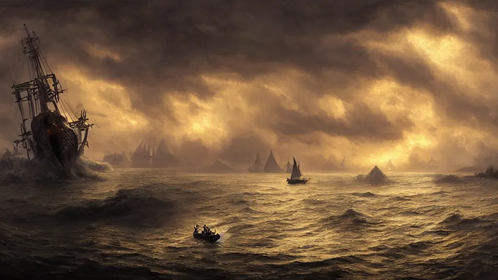 Prompt: small boat in foreground, massive kraken in the background, lightning in background, intricate, detailed, volumetric lighting, sharp focus, scenery, photorealism, digital painting, highly detailed, concept art, ruan jia, steve mccurry