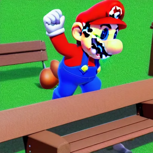 Image similar to 3 d photo of super mario, sitting on a bench with a park behind him, bokeh, shader, anime art style, highly detailed, cel - shaded, colorful, animated, trending