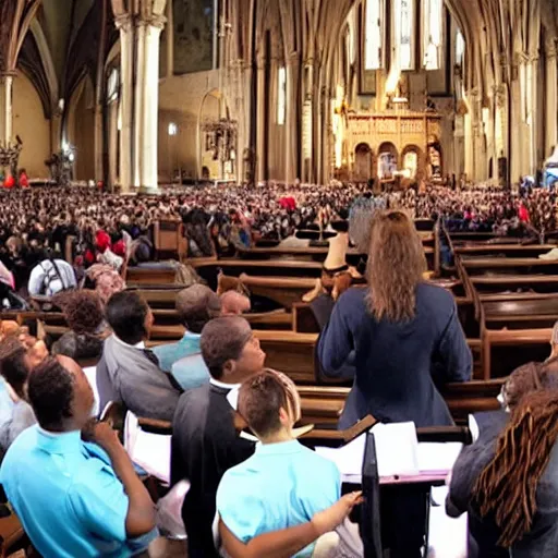 Prompt: robot preacher in big church service large congregation