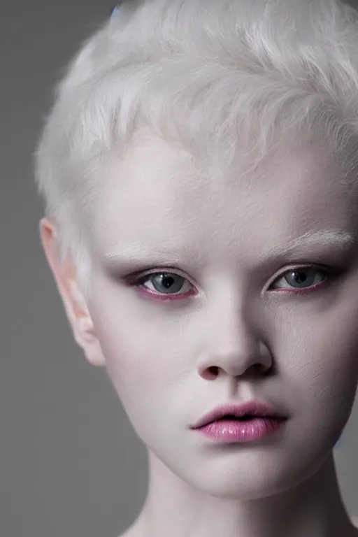 Image similar to photo portrait of a female albino model with white hair and pink eyes and pale skin
