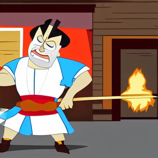 Prompt: an Italian-American man preparing to raid a Wendy's restaurant with a snow shovel in place of a buster sword, in the style of Samurai Jack